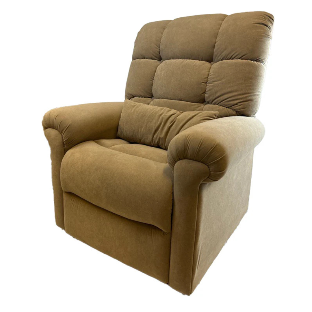 The Journey Perfect Sleep Reclining Lift Chair with Heat is a plush, brown chair with cushioned armrests and a high backrest. Its soft fabric ensures comfort, while optional therapeutic heat and massage enhance relaxation.