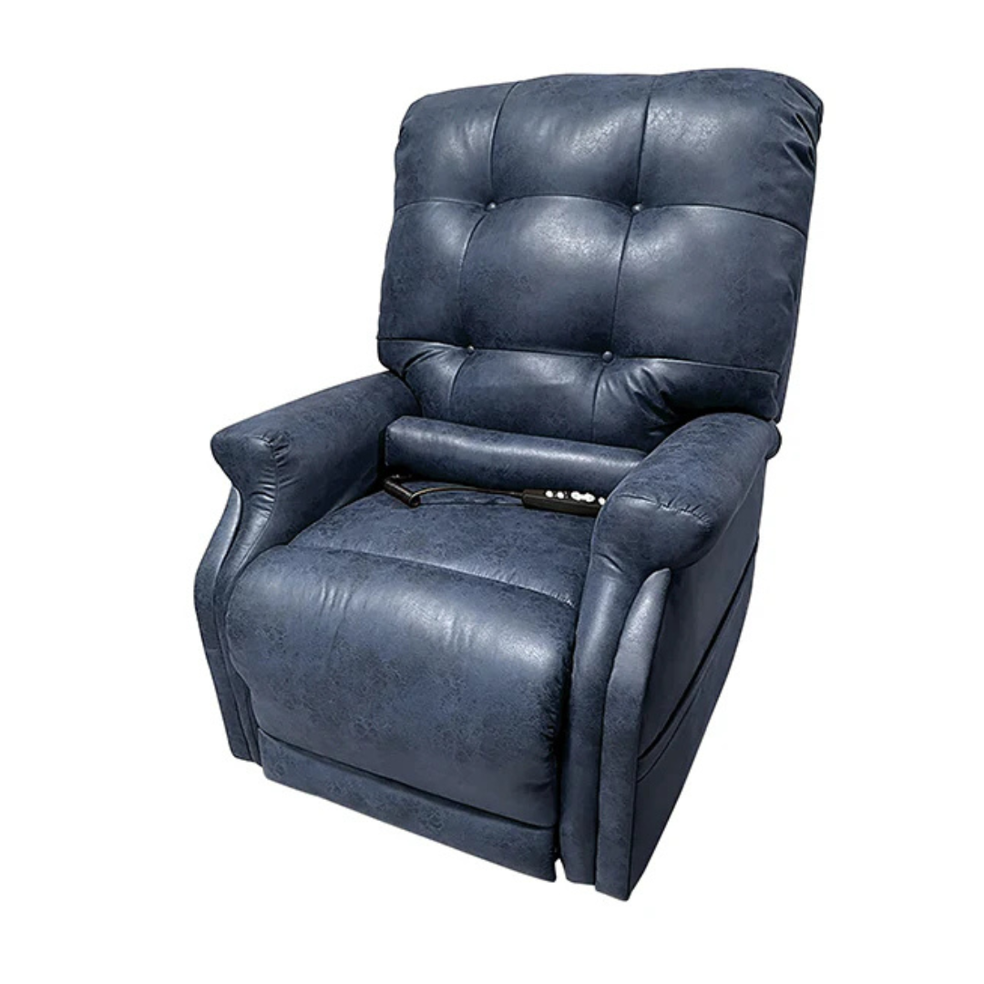 Dark blue Journey Perfect Sleep Reclining Lift Chair with padded armrests, tufted back, a seat remote for therapeutic heat, massage functions, and ultimate comfort.