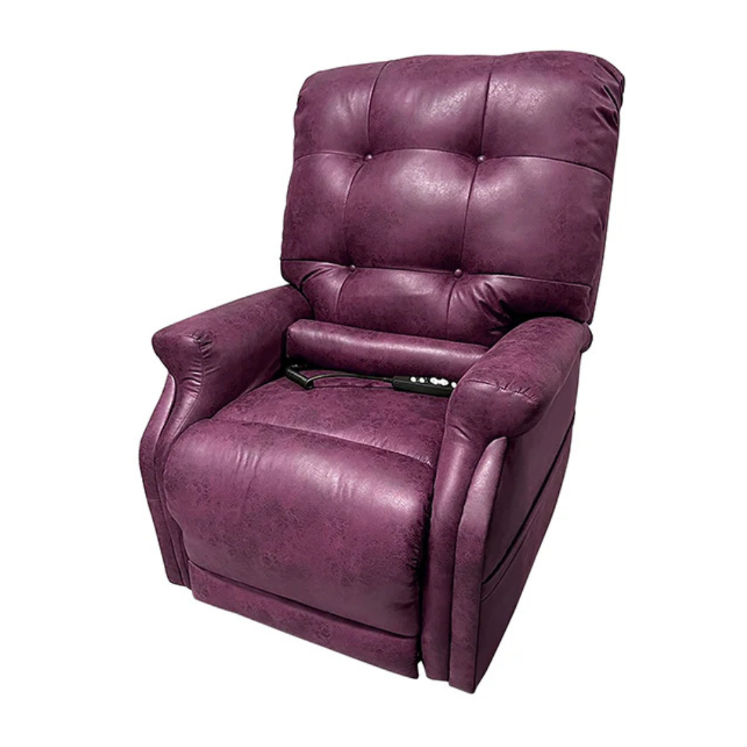 Experience unparalleled comfort with the plum-colored leather Journey Perfect Sleep Reclining Lift Chair. It features a tufted backrest, cushioned armrests, therapeutic heat, and massage controls via an easily accessible remote on the seat.