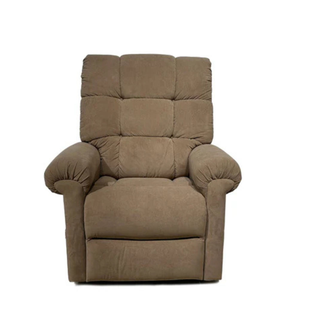 Experience the ultimate comfort with the brown Journey Perfect Sleep Reclining Lift Chair. It features padded armrests, a high backrest, and tufted design, while therapeutic heat and massage functions add a cozy touch to this plush recliner against its plain white backdrop.