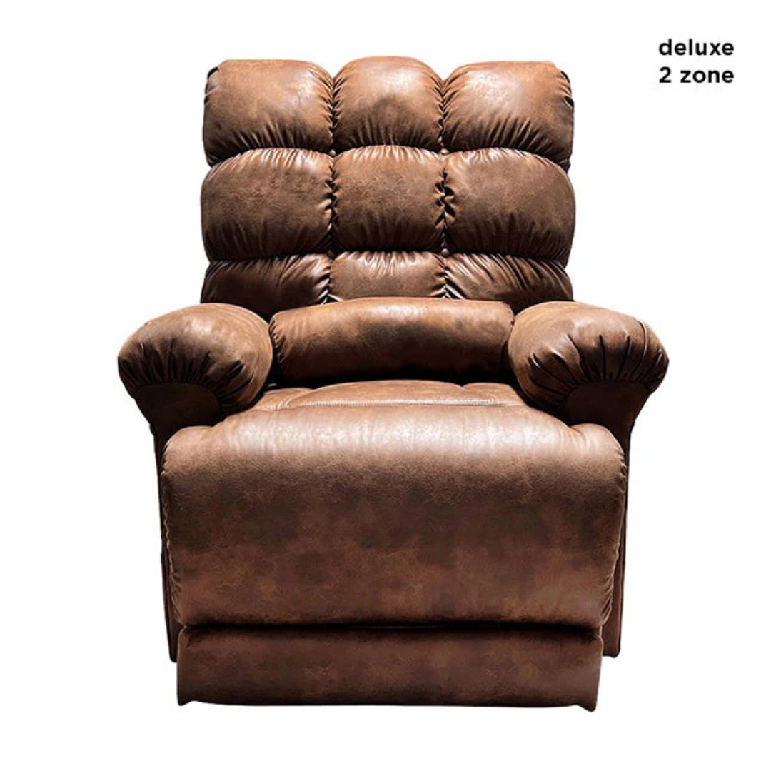 The Journey Perfect Sleep Reclining Lift Chair features a cushioned backrest and armrests with therapeutic heat and massage for ultimate comfort. It has a distressed brown leather look that adds charm, with deluxe 2 zone text in the top right corner.