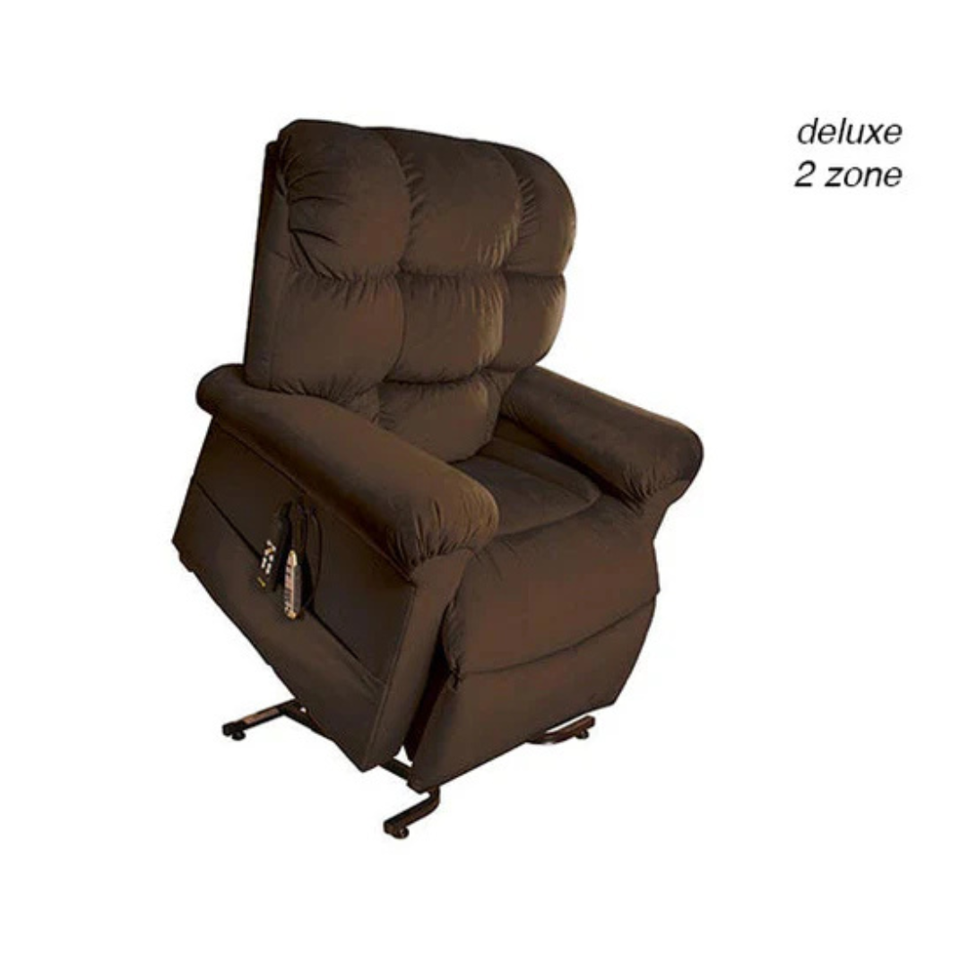 The Journey Perfect Sleep Reclining Lift Chair with Heat is a brown recliner featuring a tufted backrest, plush armrests, therapeutic heat and massage, an elevated lift position, and a remote control labeled deluxe 2 zone.