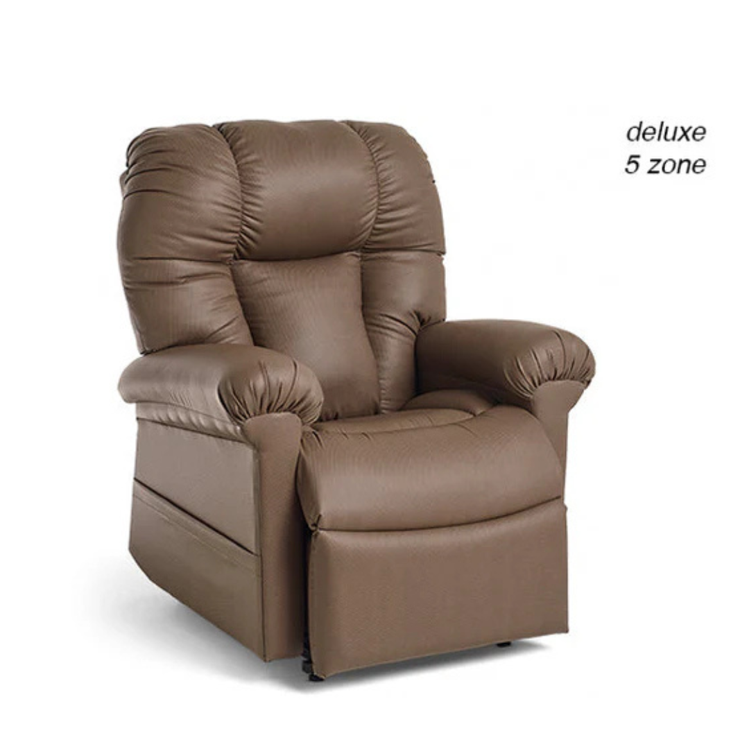 The Journey Perfect Sleep Reclining Lift Chair with Heat is a brown leather chair featuring padded armrests and a high backrest, offering plush cushioning for ultimate comfort. It is marked deluxe 5 zone in the top right corner.