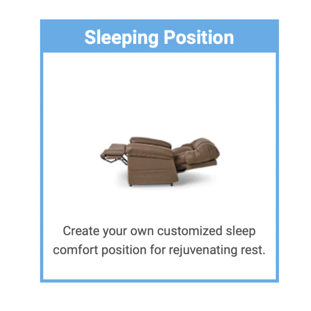Image of a brown recliner chair in a sleeping position with an extended footrest. A blue header reads Sleeping Position, and below, it says, The Journey Perfect Sleep Reclining Lift Chair with Heat offers ultimate comfort for rejuvenating rest with customizable sleep positions.