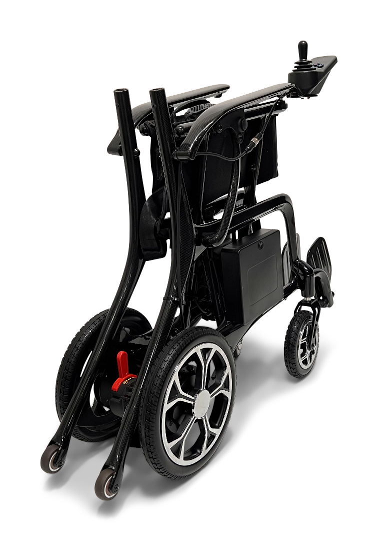 The ComfyGo Phoenix Carbon Fiber Electric Wheelchair is sleek and foldable, with large rear wheels, smaller front ones, a user-friendly control panel on the right armrest, and a sturdy front footrest. It showcases its compact folded form.