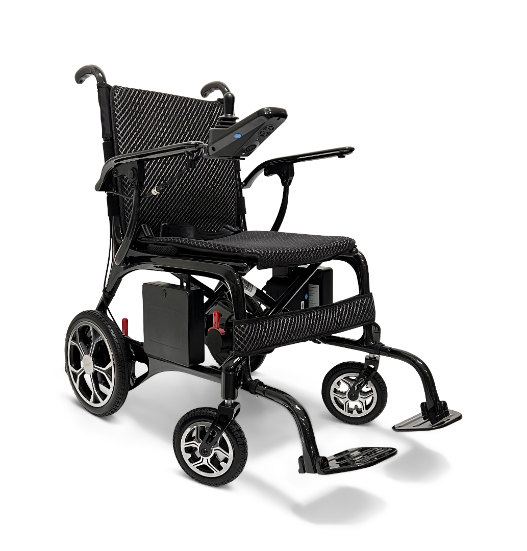 The ComfyGo Phoenix Carbon Fiber Electric Wheelchair is a sleek, lightweight, and versatile design. It features large rear wheels, smaller front ones, a right armrest joystick control, cushioned seat, and footrests.