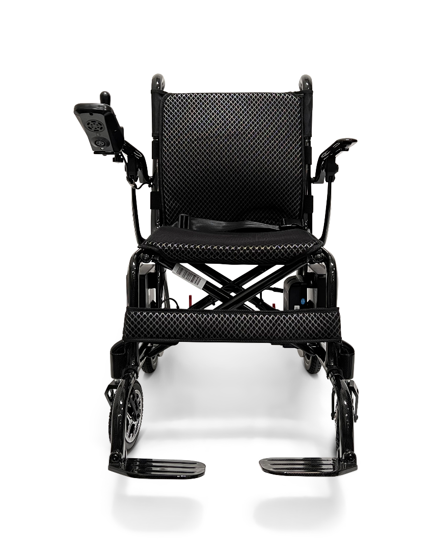 The ComfyGo Phoenix Carbon Fiber Electric Wheelchair is a lightweight, black chair with mesh upholstery and joystick control on the right armrest. It has folding capabilities, dual footrests, small front wheels, and larger rear wheels for stability.