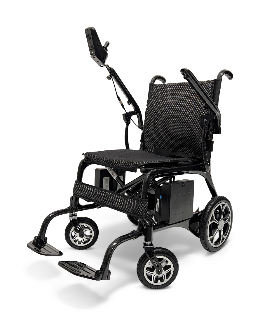 The ComfyGo Phoenix Carbon Fiber Electric Wheelchair boasts a sleek black design with a mesh seat and backrest, four wheels, and footrests. Its modern look is enhanced by carbon fiber, while the control panel sits conveniently on the armrest.
