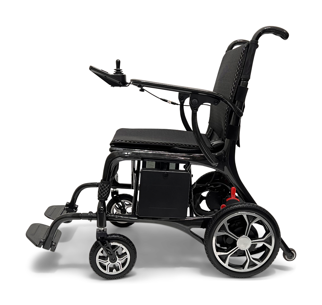 The ComfyGo Phoenix Carbon Fiber Electric Wheelchair, shown side-on against a plain background, features a joystick control on the armrest, black padded seat and backrest, sturdy carbon fiber frame, and is equipped with small front wheels and larger rear wheels for an innovative design.