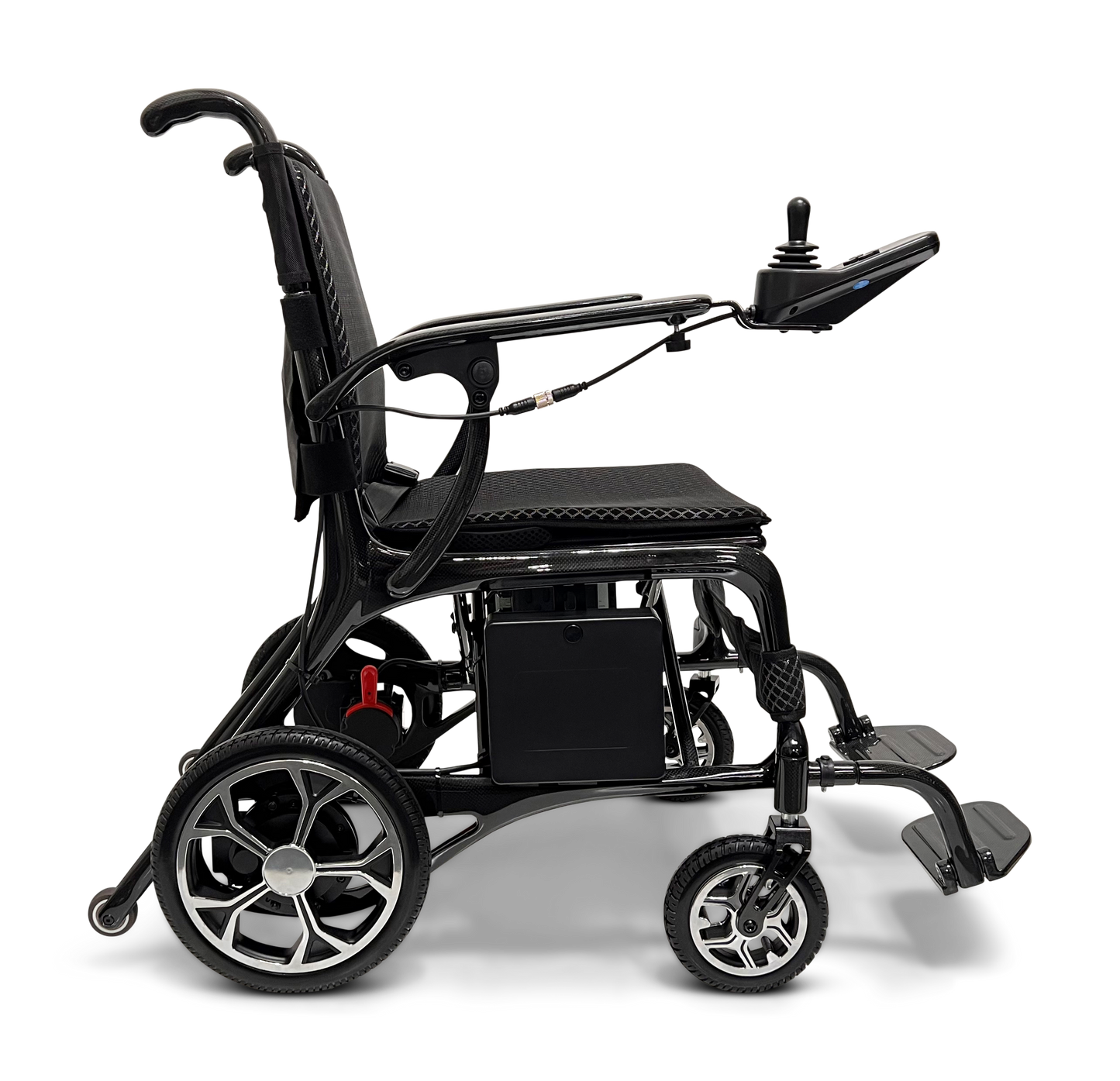 The ComfyGo Phoenix Carbon Fiber Electric Wheelchair boasts a side view showing its sleek design with large rear wheels, smaller front wheels, and armrest joystick control. Its cushioned seat and backrest ensure comfort, while carbon fiber parts enhance durability, set against a plain backdrop.