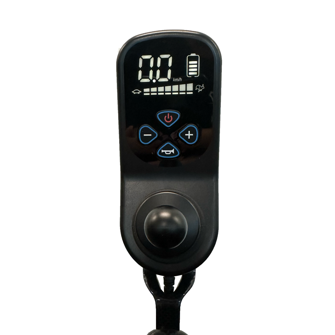 Close-up of a ComfyGo Phoenix Carbon Fiber Electric Wheelchair remote with a digital display showing 0 km/h and a full battery. It includes power and speed control buttons, plus joystick input, on a black background.