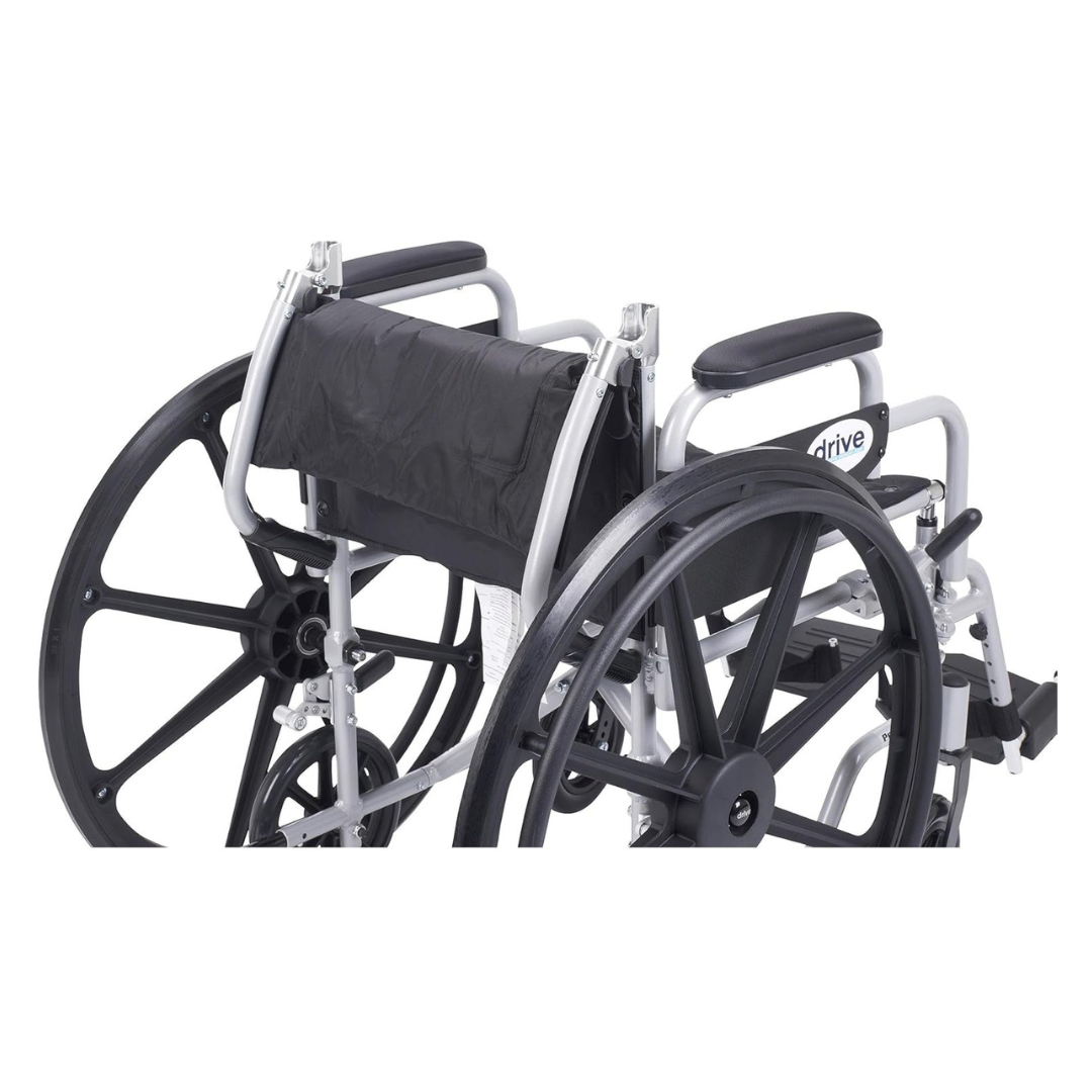 A close-up of the Drive Poly-Fly Lightweight Wheelchair/Transport Chair Combo, featuring a black seat and backrest, large rear wheels, black armrests, and shown partially folded.