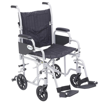 The Drive Poly-Fly Lightweight Wheelchair/Transport Chair Combo is foldable and easy to transport, featuring a black seat and backrest, footrests, armrests, a silver frame with small front wheels, large rear wheels, and "Drive" branding.