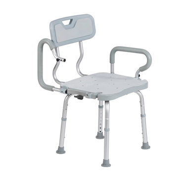 The Drive PreserveTech™ 360° Swivel Bath Chair is a gray and white heavy-duty aluminum shower seat with armrests, backrest, and non-slip rubber feet for enhanced stability and support during bathing.