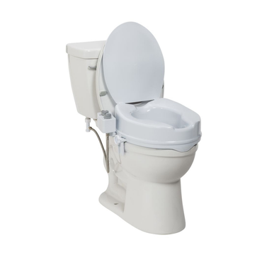 The Drive PreserveTech™ Raised Toilet Seat with Bidet - 4" Rise features an elevated, contoured seat, side handles, and a side control device to provide added height and support for individuals with limited mobility.