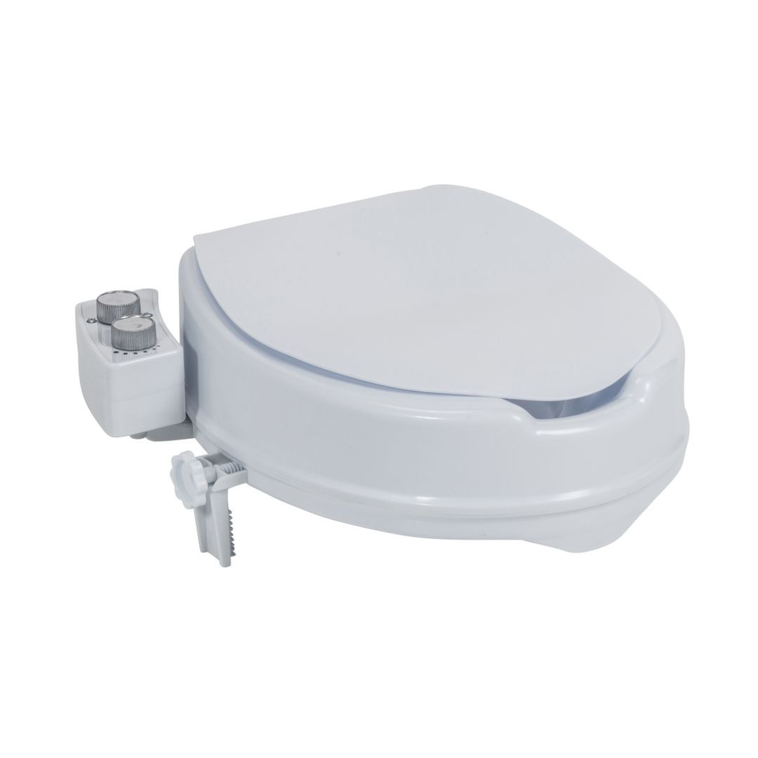 The Drive PreserveTech™ Raised Toilet Seat with Bidet - 4" Rise is shown from a side angle on a plain white background, featuring control knobs and adjustable settings.