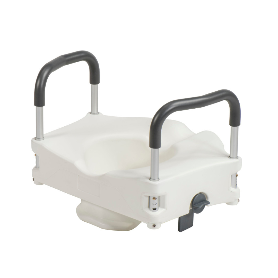 The Drive PreserveTech™ Secure Lock Raised Toilet Seat - 5" Rise features adjustable padded armrests and a secure lock, offering added support and safety for individuals with mobility challenges.