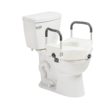 The Drive PreserveTech⢠Secure Lock Raised Toilet Seat - 5" Rise is a white toilet seat with adjustable padded armrests and two metal handrails for enhanced support and safety.