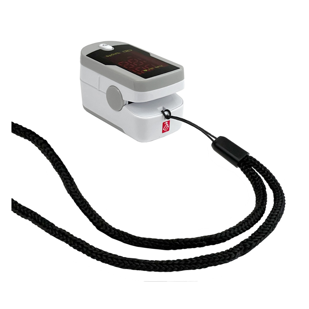 The Prestige Medical Deluxe Fingertip Pulse Oximeter is a compact device with a black lanyard and a screen displaying red numbers, designed to accurately measure blood oxygen saturation and pulse rate.