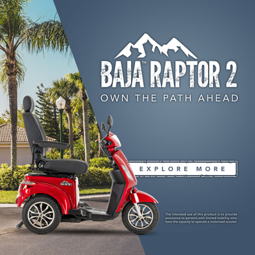 A Pride Baja® Raptor® 2 Bariatric 3-Wheel Scooter in red is parked outdoors by palm trees and a house. Text reads: Own the Path Ahead. Enjoy premium comfort and outdoor mobility. Button: Explore More.