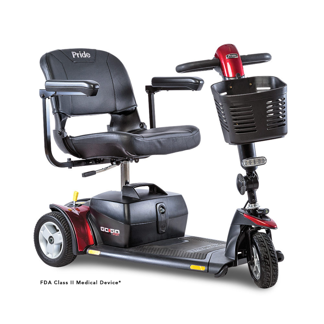 The Pride Go Go® Sport 3-Wheel Scooter, in red and black, features a customizable design with a padded seat and armrests, handlebar with control panel, and front basket.