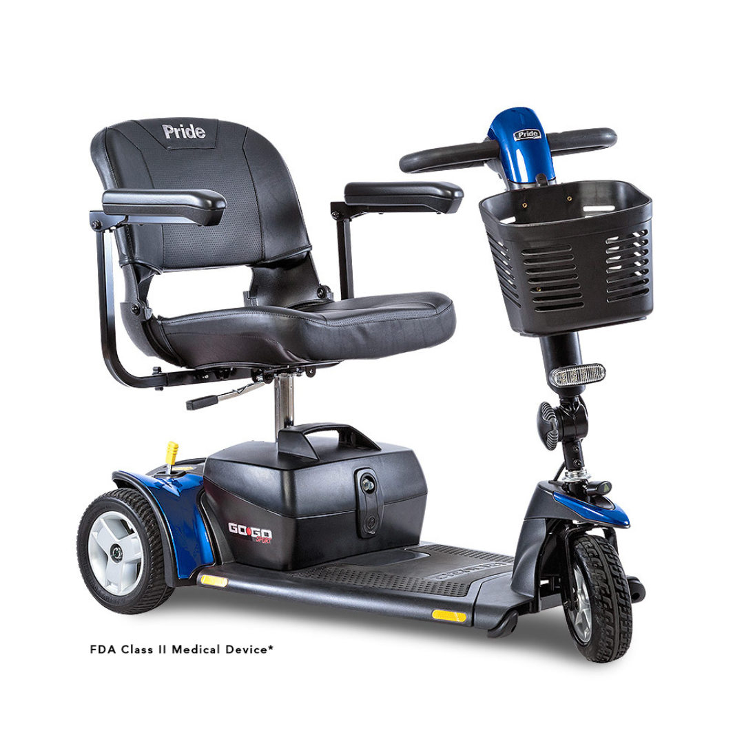 The Pride Go Go® Sport 3-Wheel Scooter, a blue FDA Class II Medical Device, offers a customizable design with a black padded seat, armrests, and handlebar basket. It ensures reliable mobility in a lightweight package.