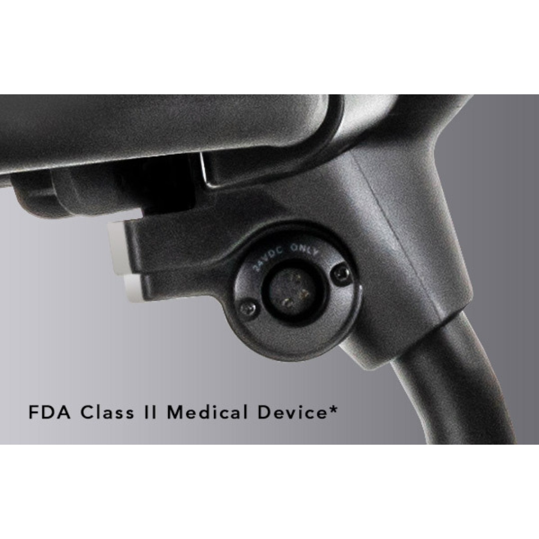 A close-up of the Pride Go Go® Sport 3-Wheel Scooter, labeled as an FDA Class II Medical Device, highlights a black component with a 24VDC ONLY socket. Its ultra-lightweight design allows for easy transport and use anywhere against a gray background.