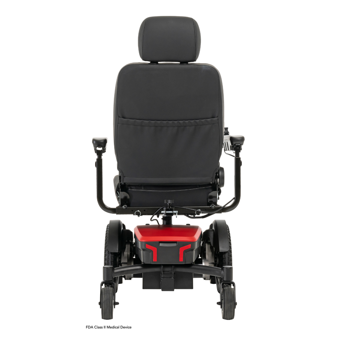 A black and red Pride Mobility Jazzy® EVO 613 Powerchair with ATX Suspension, shown from the rear, features a padded seat, headrest, armrests, four wheels, and advanced Mid-Wheel 6® Technology for enhanced maneuverability.