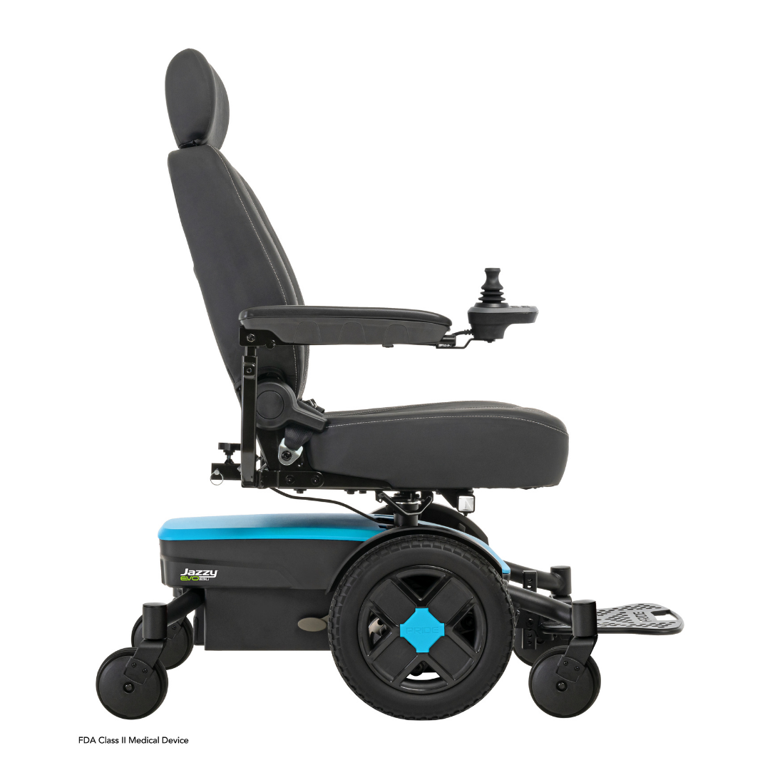 A side view of a black and turquoise Pride Mobility Jazzy® EVO 613 Powerchair with cushioned seat, backrest, armrests, joystick control, footrest, ATX Suspension, and Mid-Wheel 6® Technology for enhanced mobility.