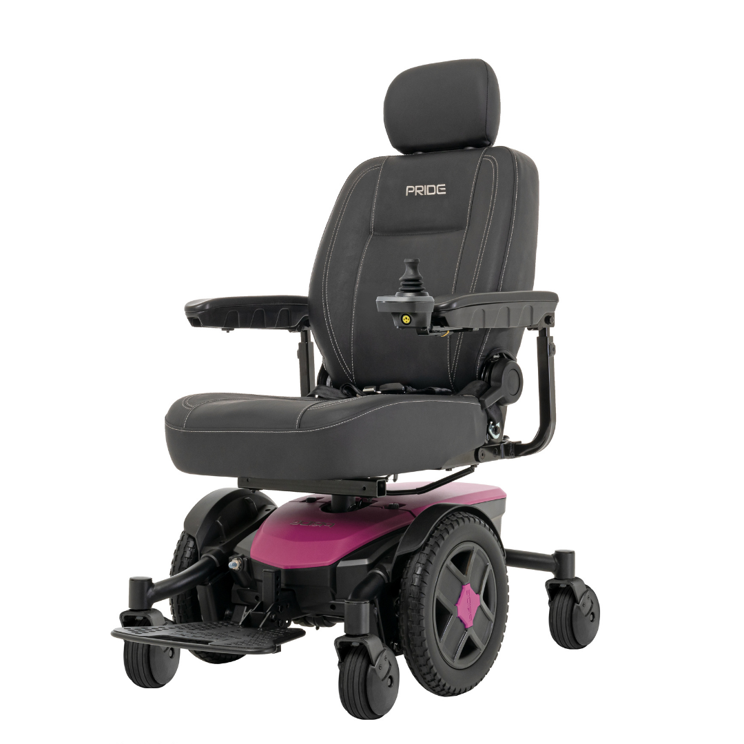 The Pride Mobility Jazzy® EVO 613 Powerchair with ATX Suspension has a black padded seat, magenta base, four wheels for mobility, Mid-Wheel 6® Technology, right-arm joystick control, and Pride embroidered on its headrest.