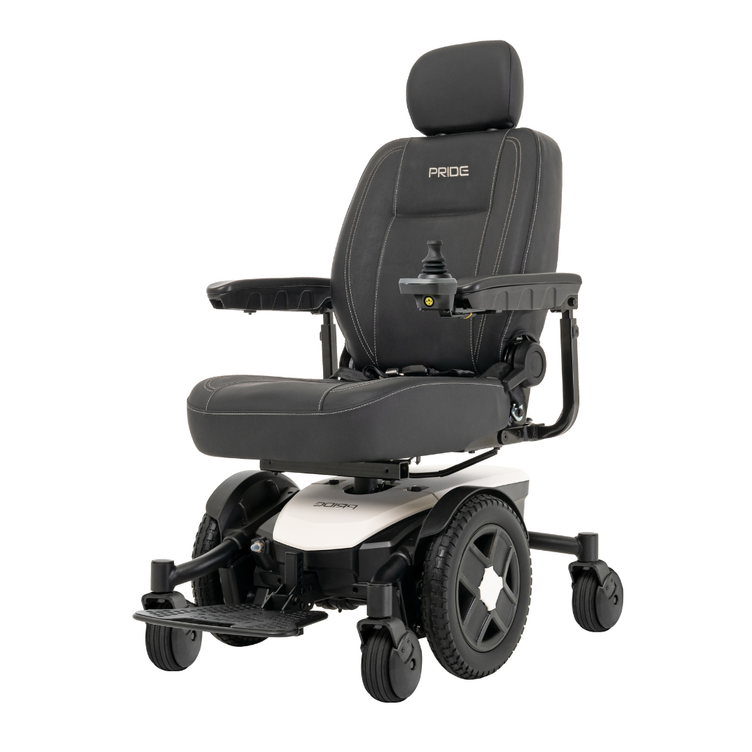 The Pride Mobility Jazzy® EVO 613 Powerchair with ATX Suspension is a black and white electric wheelchair featuring a padded seat, headrest, armrests, joystick control, large rear wheels, and Mid-Wheel 6® Technology for stability.
