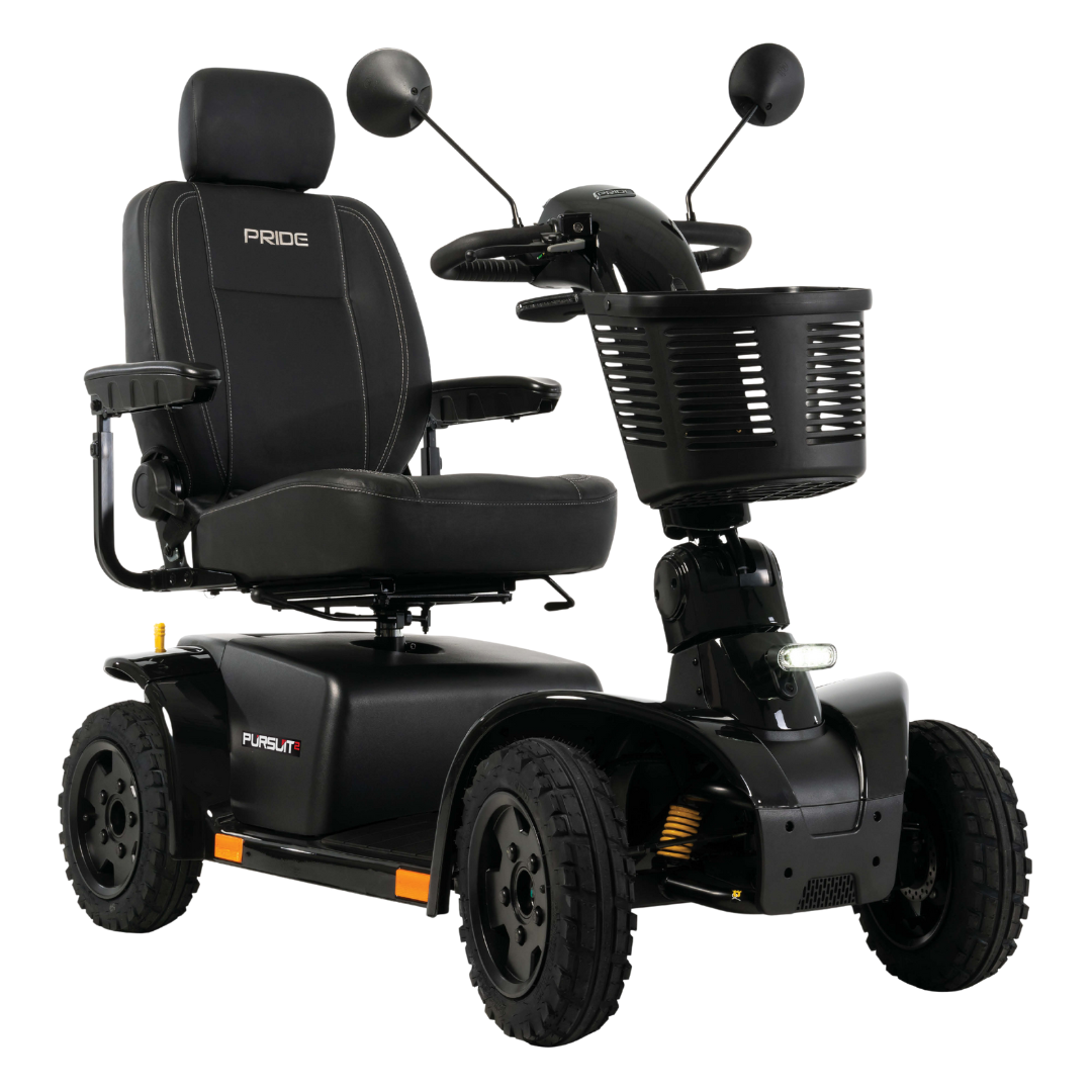 The Pride Mobility Pursuit® 2 Offroad HD Scooter is a black, four-wheeled outdoor scooter with a cushioned seat, armrests, headrest, front basket, side mirrors, and large rugged tires for durable personal mobility assistance.