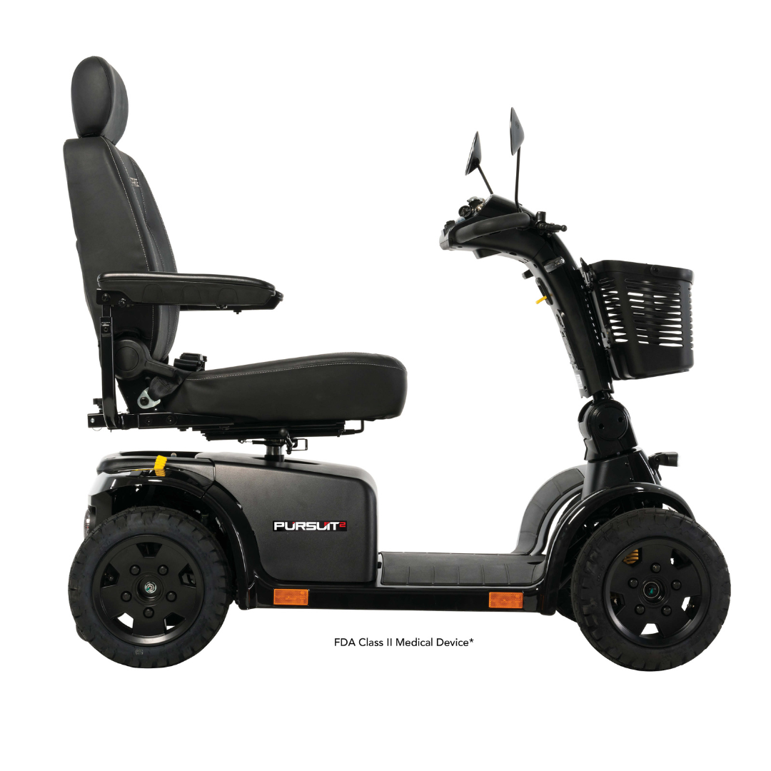 Side view of the Pride Mobility Pursuit® 2 Offroad HD Scooter in black, featuring a tall backrest, armrests, front basket, and four wheels. This durable, lightweight scooter is designed for personal mobility assistance off-road.