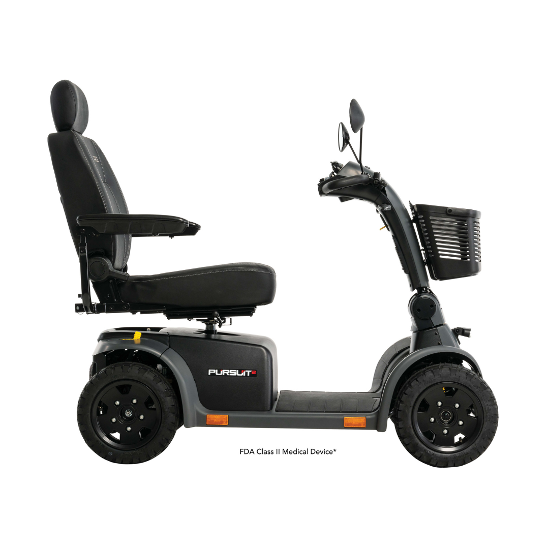 Side view of a black Pride Mobility Pursuit® 2 Offroad HD Scooter with a cushioned seat, armrests, four wheels, and a front basket. Durable and lightweight, shown against a white background.