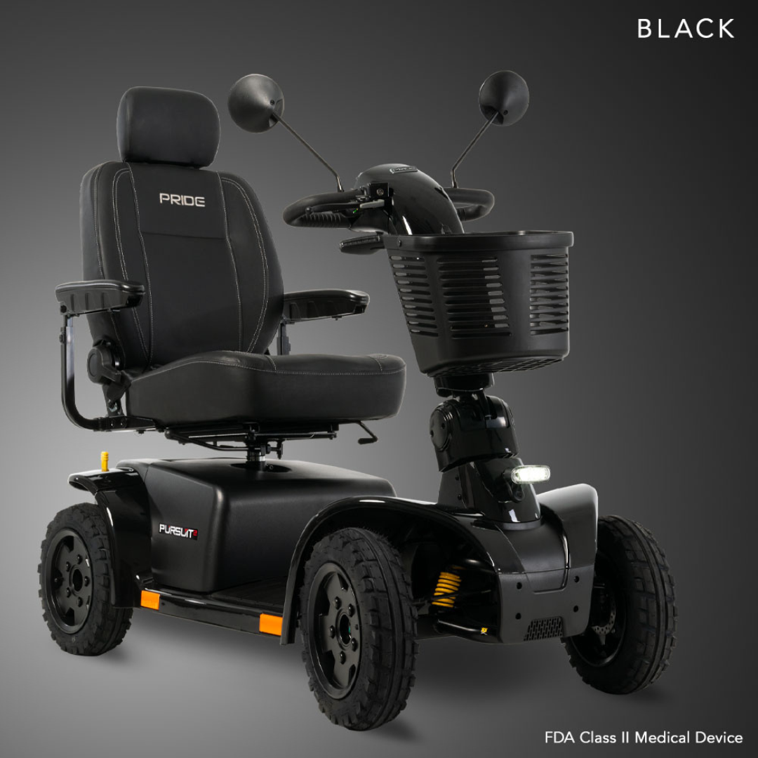 The Pride Mobility Pursuit® 2 Offroad HD Scooter is a black outdoor model with padded seat, armrests, headrest, front basket, mirrors, and four rugged wheels. BLACK appears at top right; labeled an FDA Class II medical device on gray background.