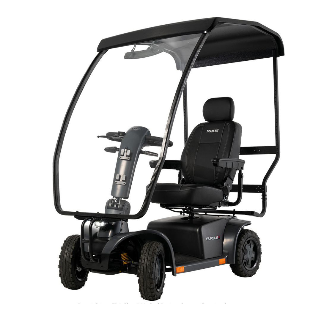 The Pride Mobility Pursuit® 2 Offroad HD Scooter is a black, four-wheel outdoor mobility scooter with a cushioned seat, armrests, headrest, protective canopy, and clear windshield for comfortable all-weather travel.