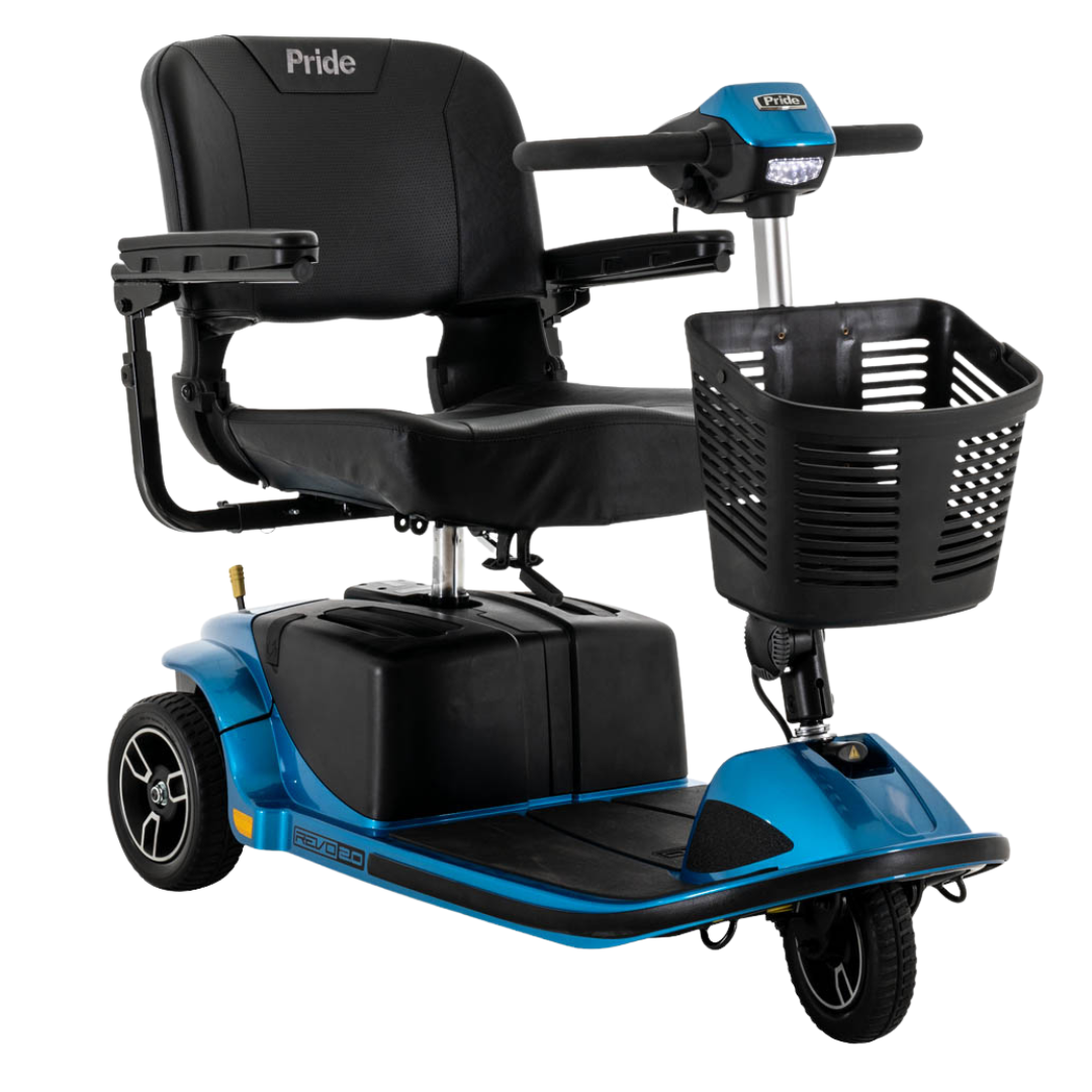 The Pride Mobility Revo® 2.0 3-Wheel Scooter is blue, portable, features comfort suspension, a black seat with armrests and a front basket, and displays the Pride brand name on the backrest.