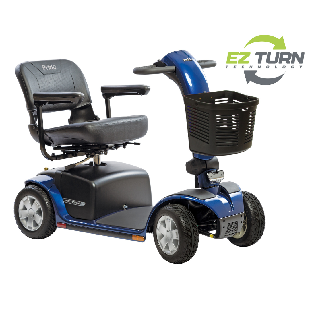 A Pride Mobility Victory® 10 4-Wheel Scooter with EZ Turn is shown in blue, featuring a black seat, armrests, front basket, and displaying the Pride logo on the seat and handlebar. The EZ Turn Technology logo appears in the top right corner.