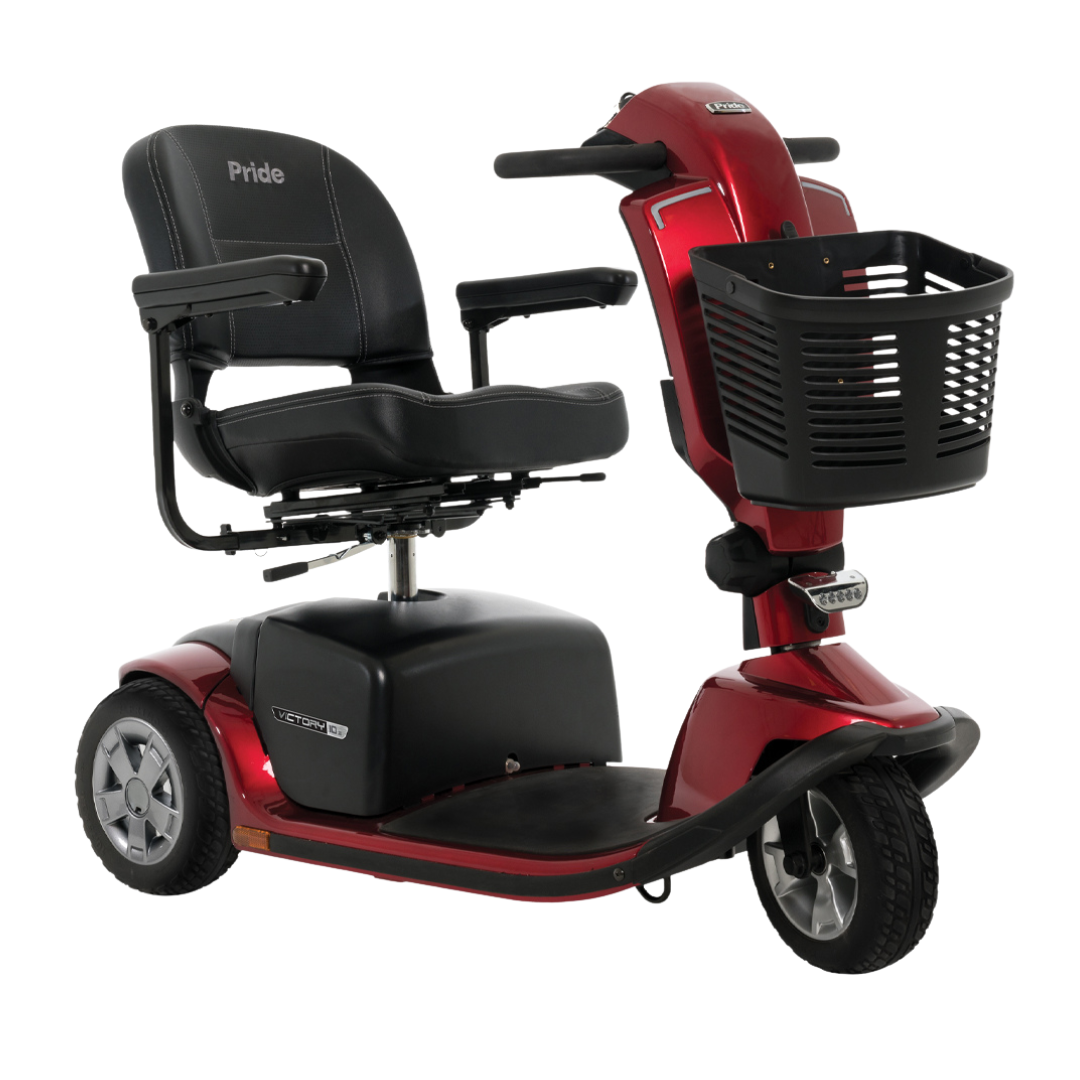 The Pride Mobility Victory® 10.2 Bariatric 3-Wheel Scooter comes in red with a black cushioned seat, armrests, a front basket, and the Pride Mobility brand name on the seat back.