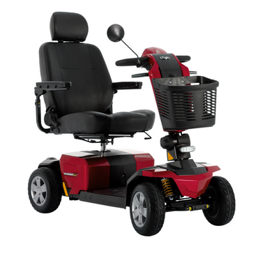 The Pride Mobility Victory LX Sport Scooter is a red and black mobility scooter featuring a padded seat, headrest, armrests, handlebars, front basket, and four large wheels for comfortable support for those with limited mobility.
