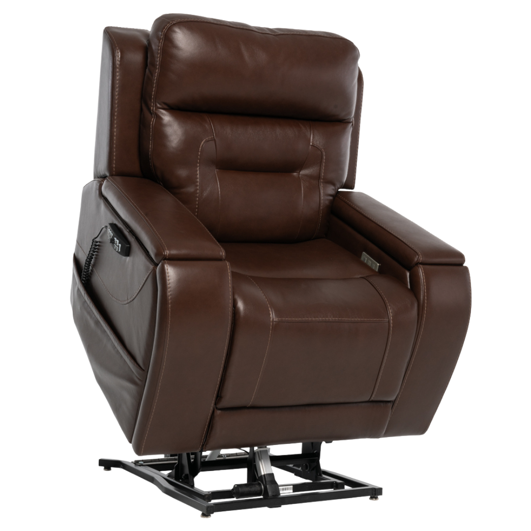 The Pride VivaLift! Premier Recliner With Assisted Lift, Audio & Massage in brown leather, model PLR-5900, has a side remote control pouch and is pictured partially elevated on its metal lift mechanism.