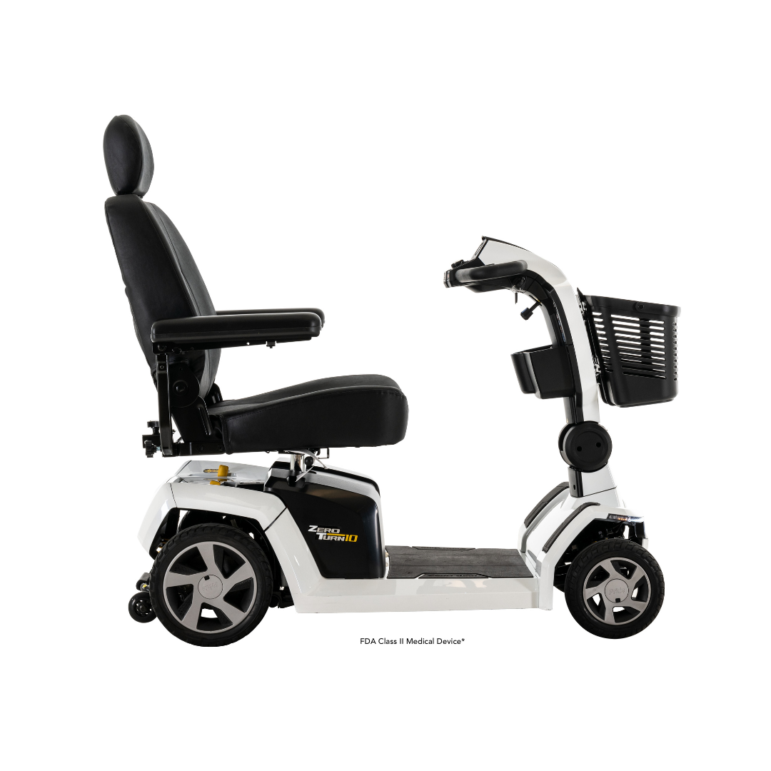 A side view of a white and black Pride Mobility Zero Turn 10 HD Scooter with a high back seat, armrests, front basket, four wheels, and EZ Turn Technology for improved personal transportation assistance.