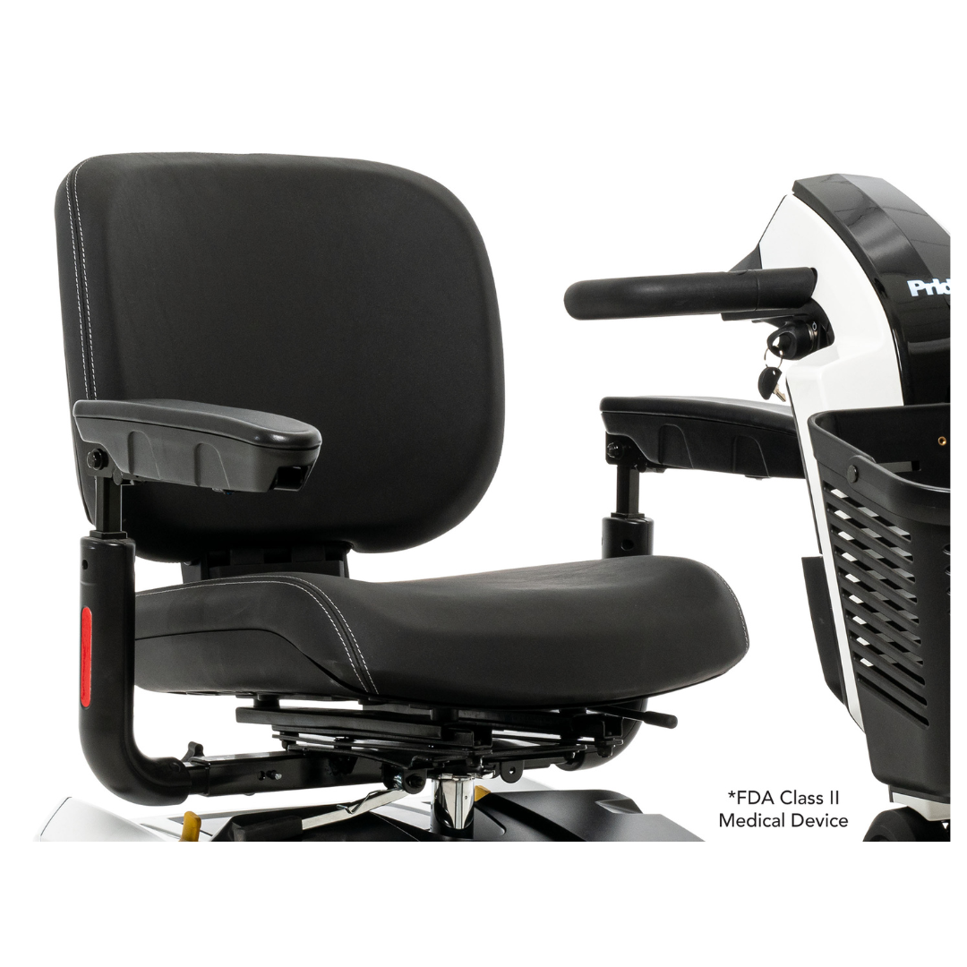 Close-up of the black, cushioned seat with armrests and part of the control panel on the Pride Mobility Zero Turn 10 HD Scooter, designed for comfort, accessibility, and featuring advanced EZ Turn Technology.