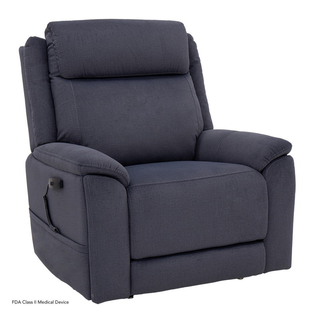The Pride Mobility Evolution Collection Power Lift Recliner, in dark blue upholstery, features padded armrests and headrest, plus a left-side control panel for reclining adjustments and advanced premium functions.