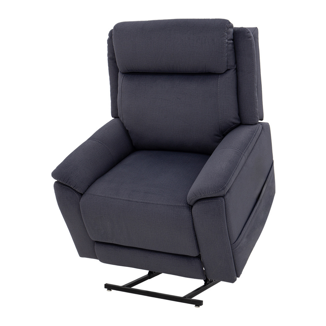 The Pride Mobility Evolution Collection Power Lift Recliners feature dark gray upholstery, plush padding, and padded armrests and backrest, shown partially lifted on a black metal base—ideal for those seeking premium recliner features.