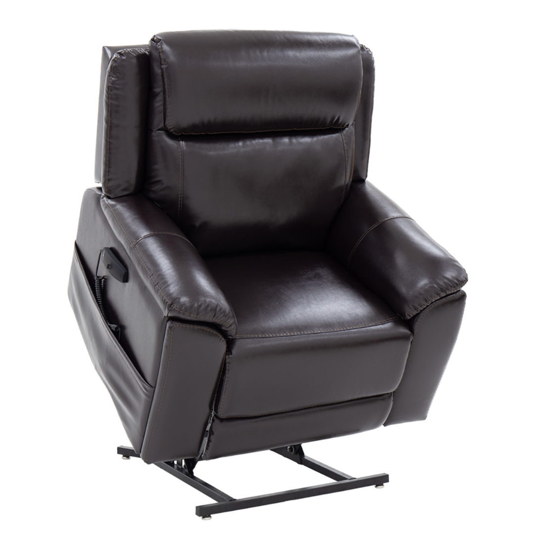 The Pride Mobility Evolution Collection Power Lift Recliner is a dark brown leather chair with plush cushions and a motorized lift mechanism that extends the base to help you stand up easily.