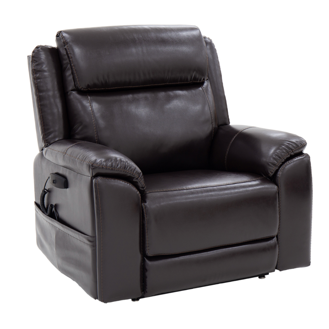 The Pride Mobility Evolution Collection Power Lift Recliner in dark brown leather features padded armrests and backrest, premium side pocket for storage, shown against a plain white background.