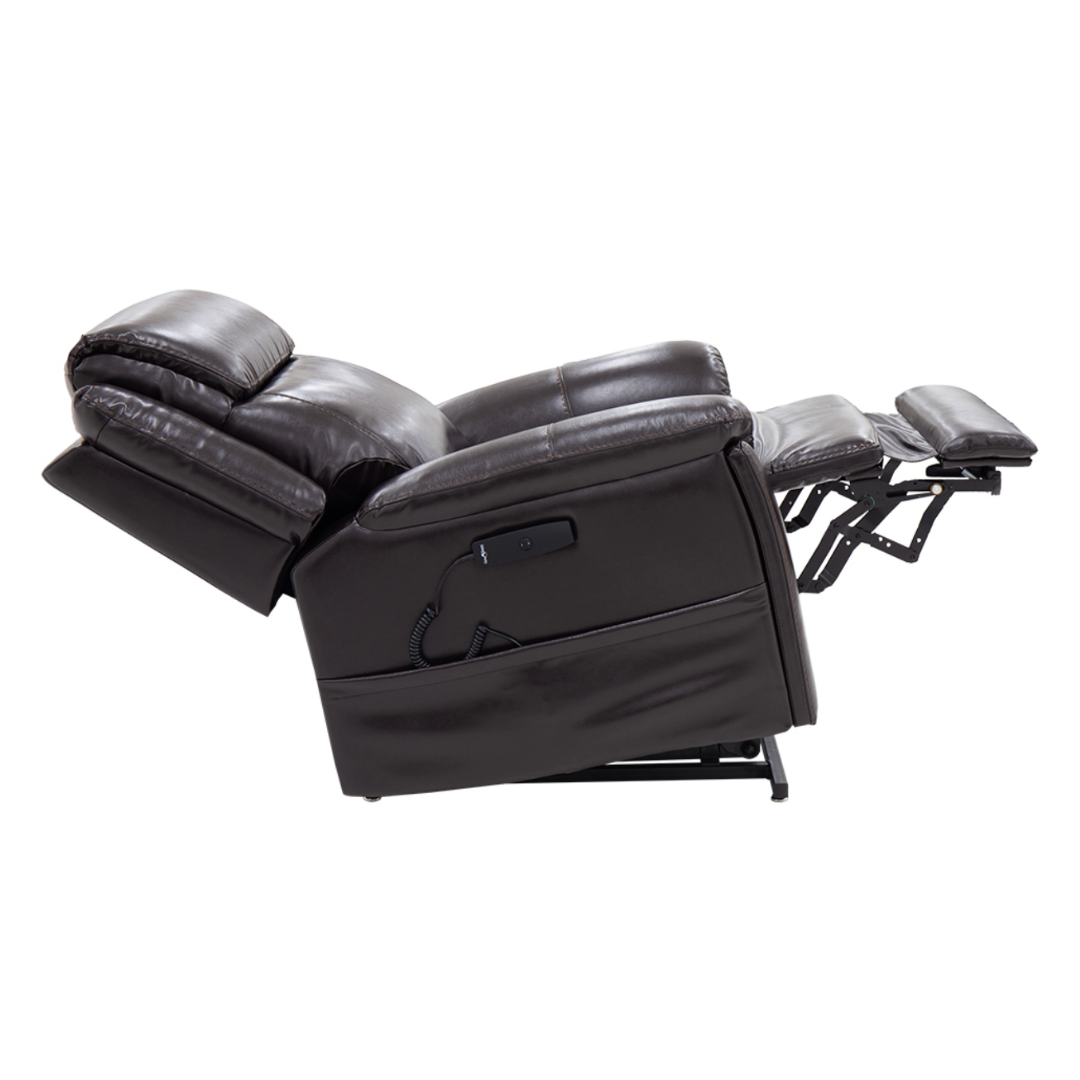 The Pride Mobility Evolution Collection Power Lift Recliners, shown fully reclined with an extended footrest and side remote control, showcase the premium features of modern dark brown leather reclining chairs.