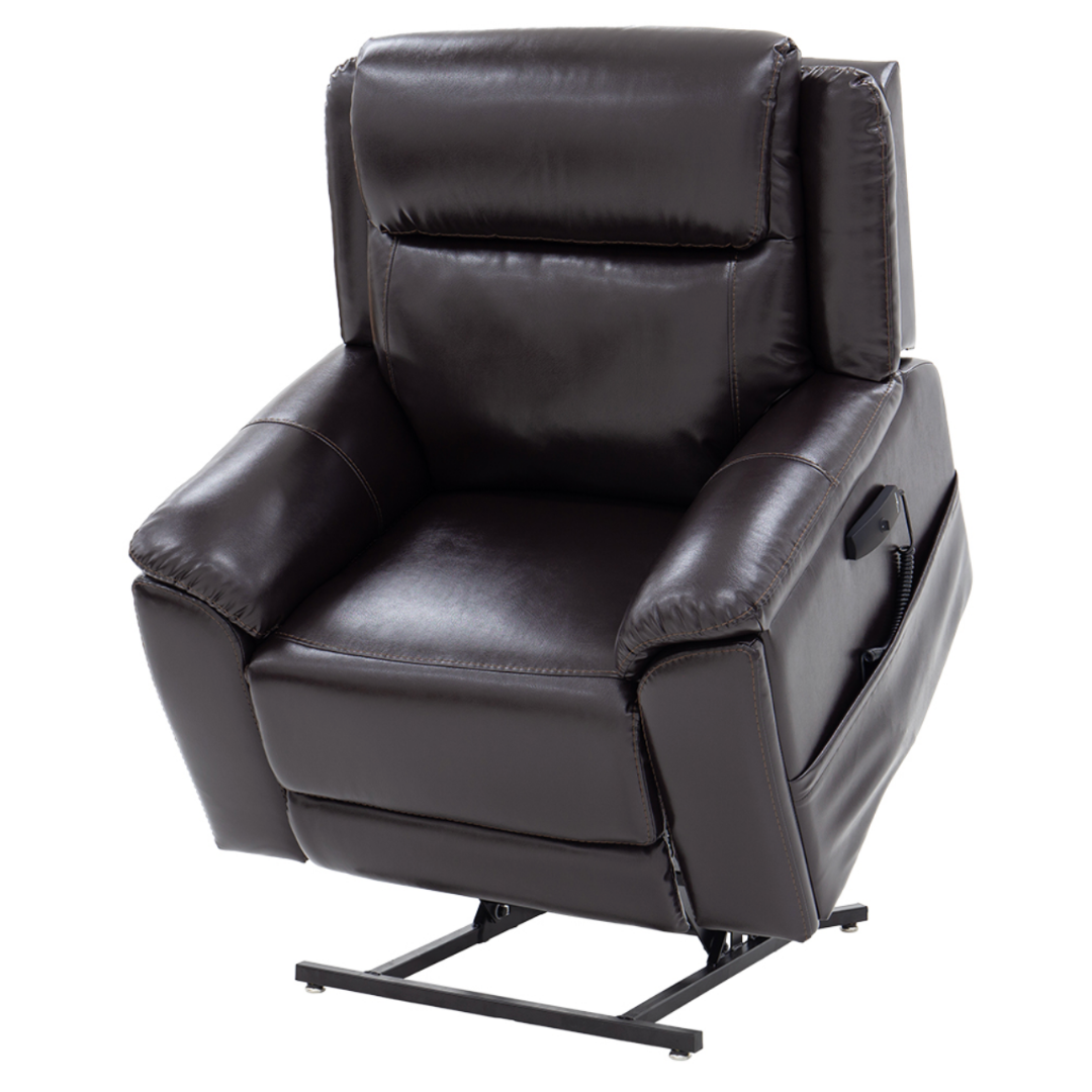 The Pride Mobility Evolution Collection Power Lift Recliner features dark brown leather, padded armrests and backrest, a black metal base, electric lift mechanism, and premium design.