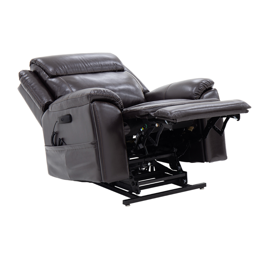 The Pride Mobility Evolution Collection Power Lift Recliner in dark brown leather features padded armrests, a side pocket, and a partially extended metal footrest revealing its reclining mechanism.